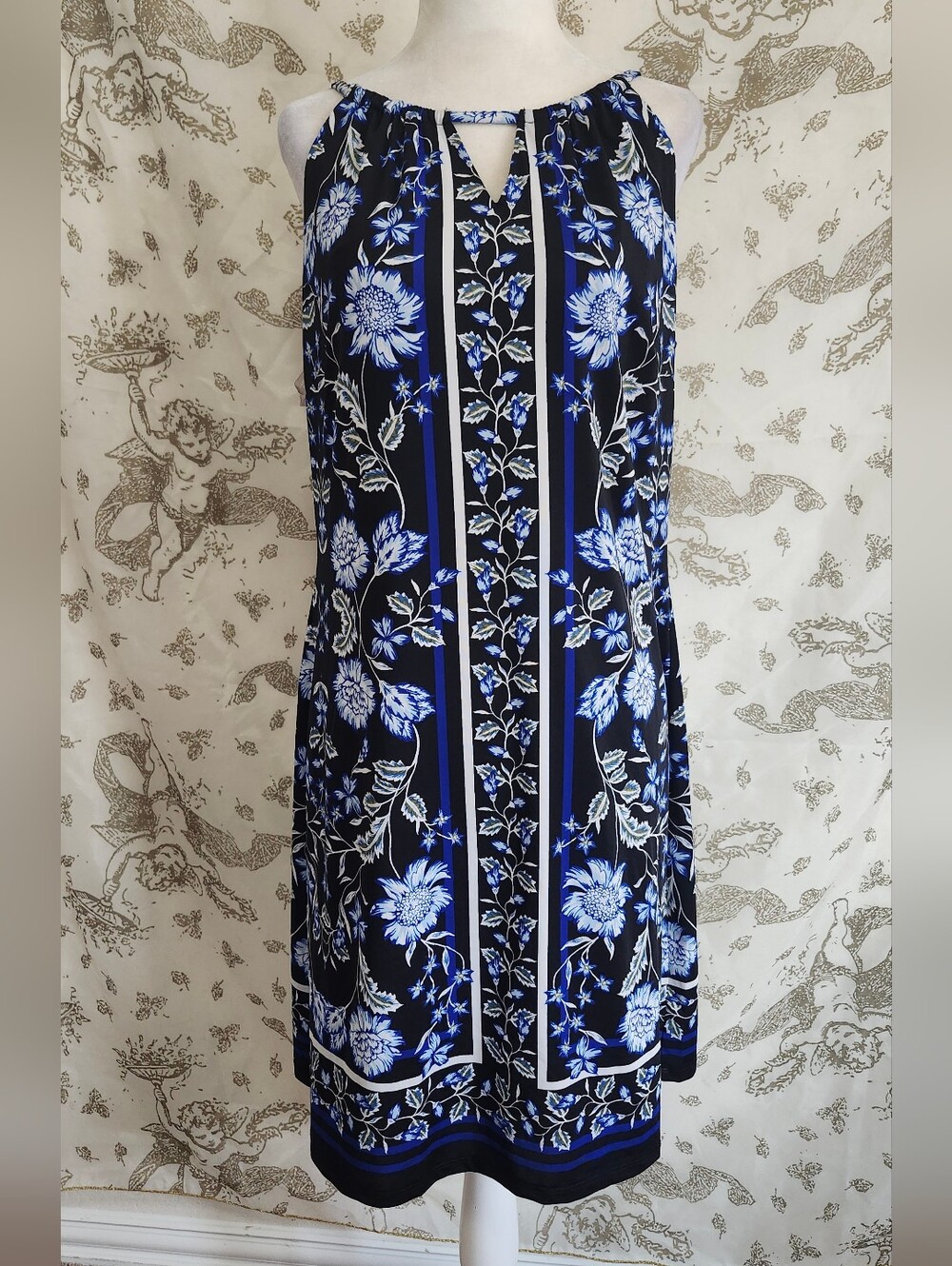 INC International Concepts Sleeveless Black and Blue Floral Shift Dress Sz M